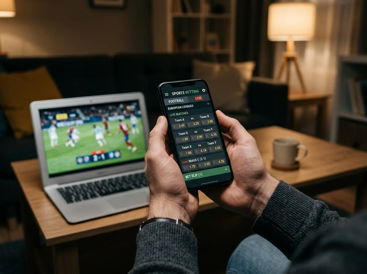 Sportweddenschappen plaatsen op een smartphone tijdens een voetbalwedstrijd